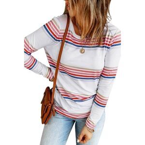 Shein Women's White w Colorful Stripes Poly/Spandex Long Sleeve T-shirt EUC